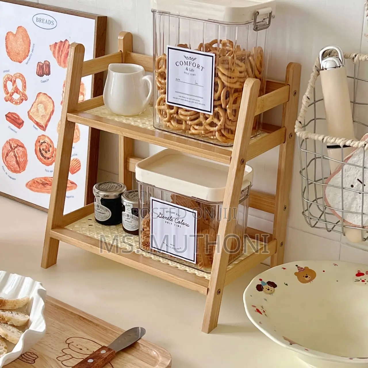 Aesthetic Two-Tier Wooden Organizer Shelf With a Woven Rattan Design