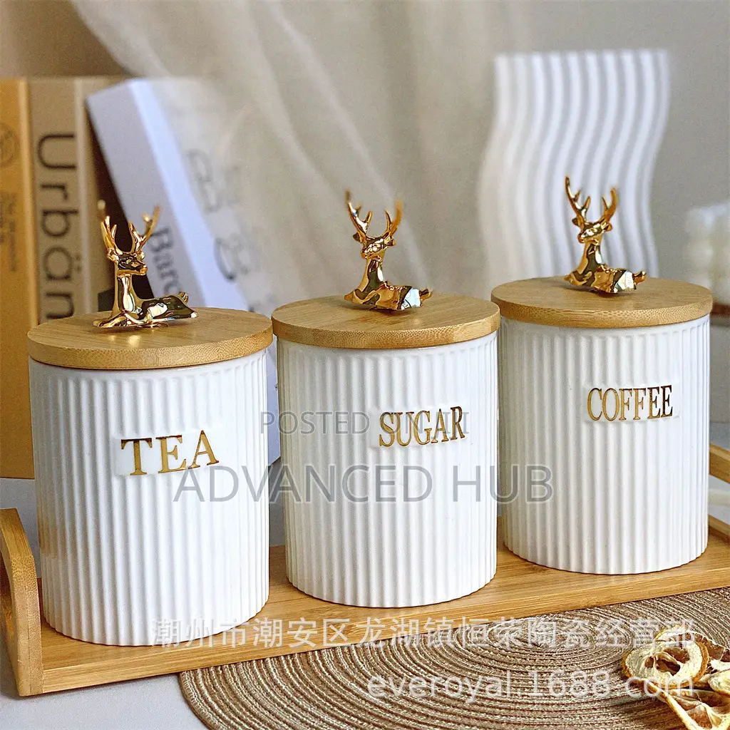 3pcs Ribbed Tea, Coffee Sugar Canisters