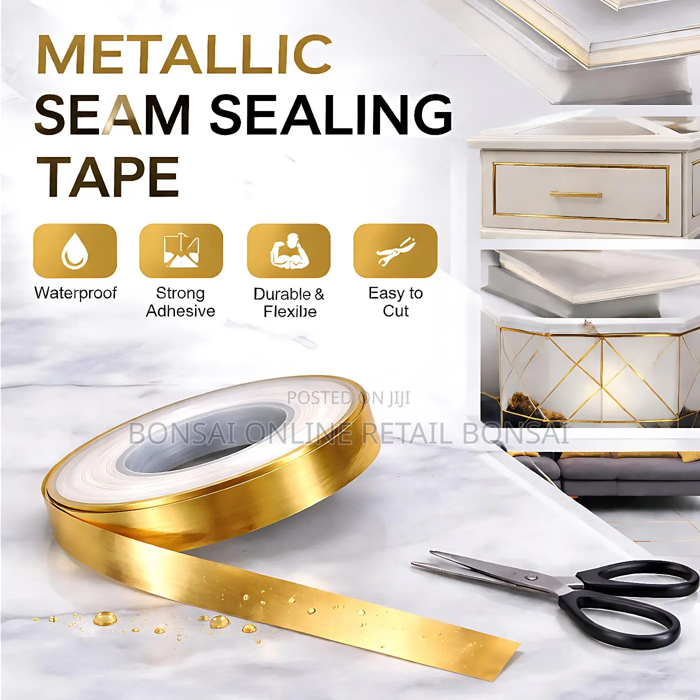 Gold Foil Tile Seam Sticker, Waterproof Self-Adhesive Strip