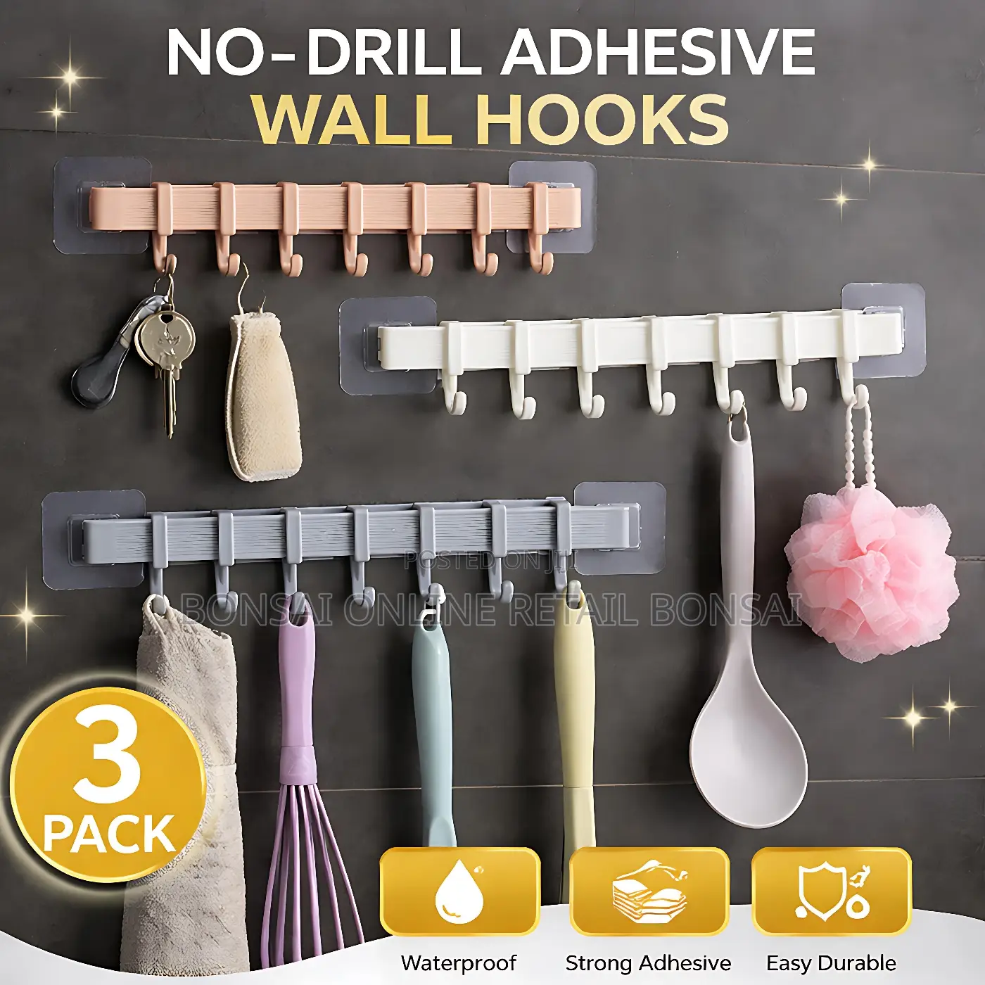 3-Pack No-Drill Adhesive Wall Hooks, Strong Damage-Free Hangers