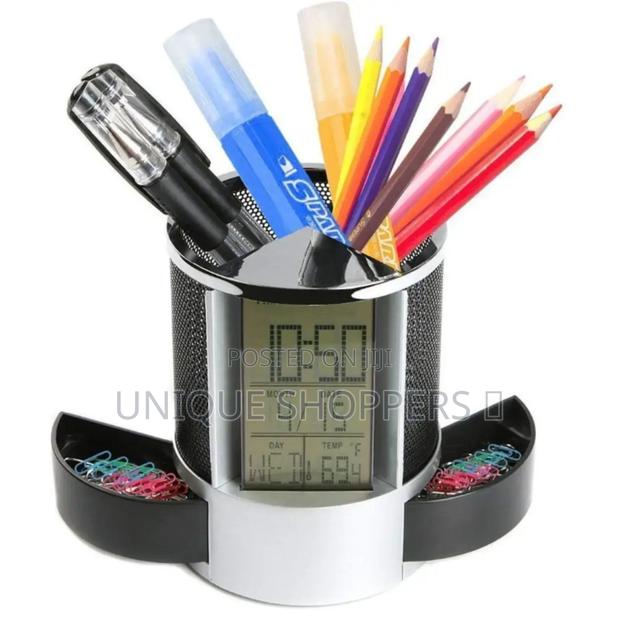 Mettalic Mesh Pen Holder With A Digital Clock - thumbnail 3