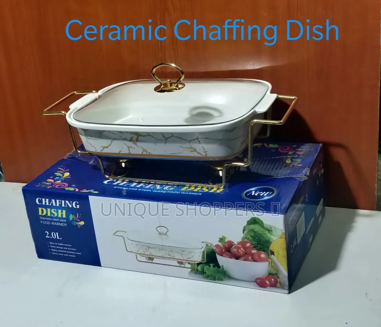 Ceramic Chaffing Dish With Gold Stainless Steel Stand Rectangle