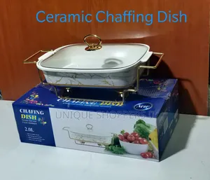 Ceramic Chaffing Dish With Gold Stainless Steel Stand Rectangle