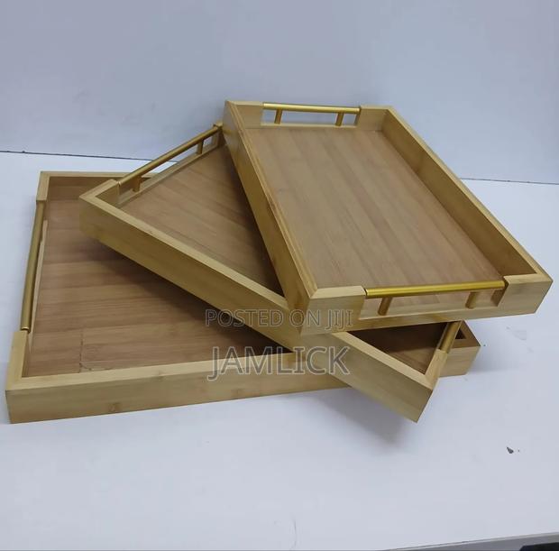 3-in-1 Bamboo Serving Tray Set – Gold Handles - Bz