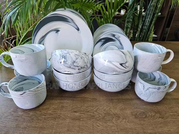 24pc Marble Ceramic Set 6 Dinner Plates, 6 Side Plate, 6 Bowls, 6 Cups