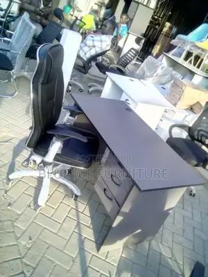 Grey Office Desk and Leather Chair