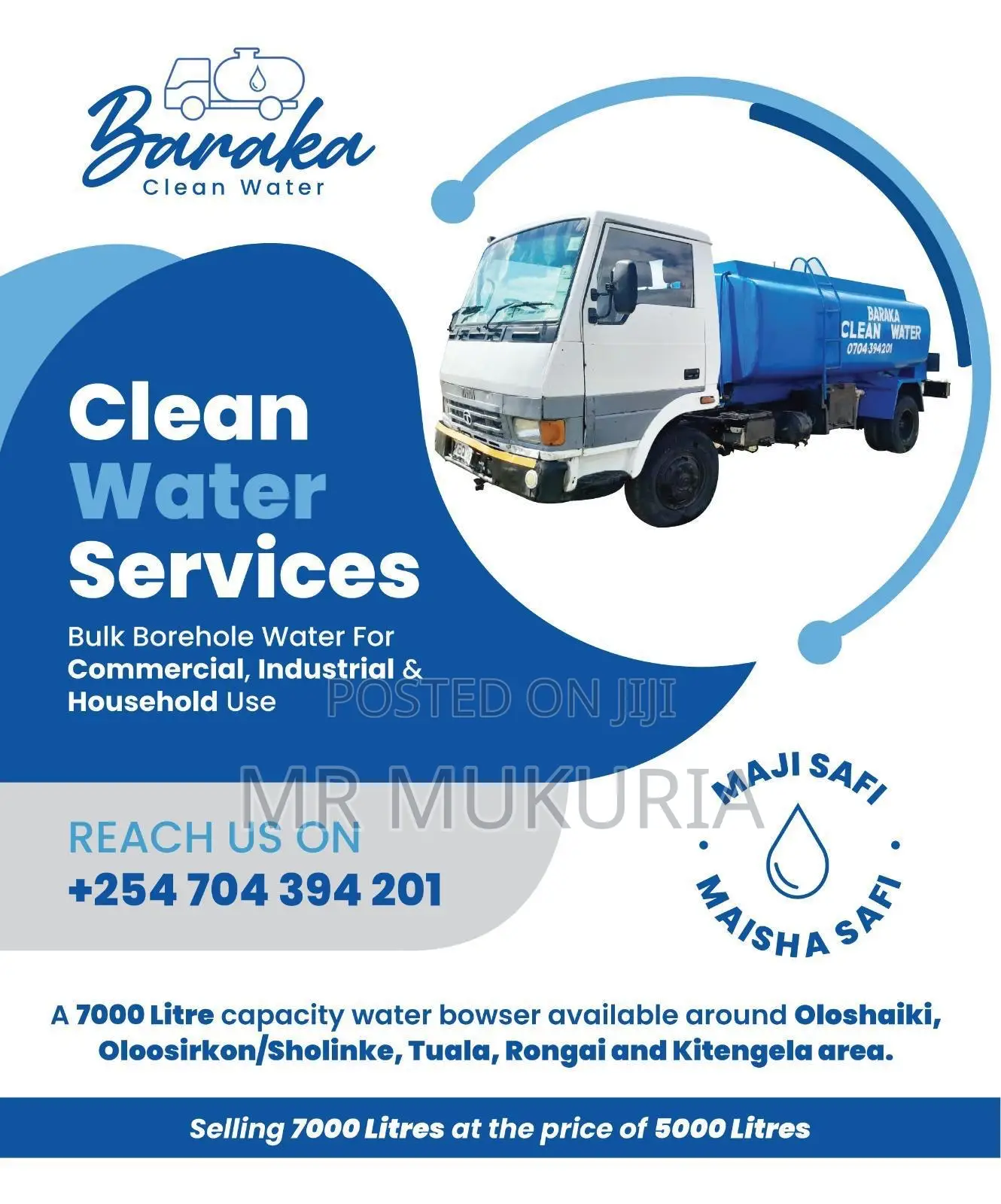 Clean Water Tanker, Bowser, Booser, Maji Safi Delivery
