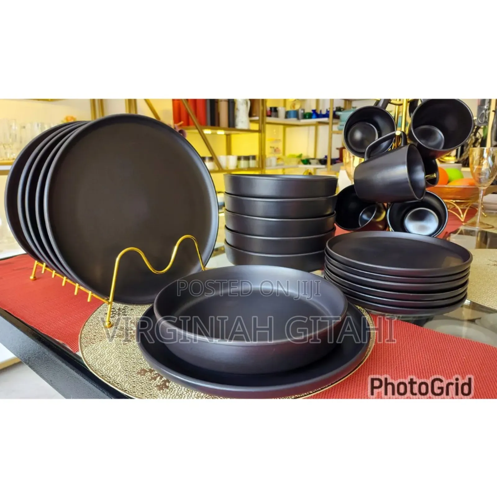 24pcs Black Dinner Set 6 Dinner Plates 6side Plates 6 Bowls 6 Cups