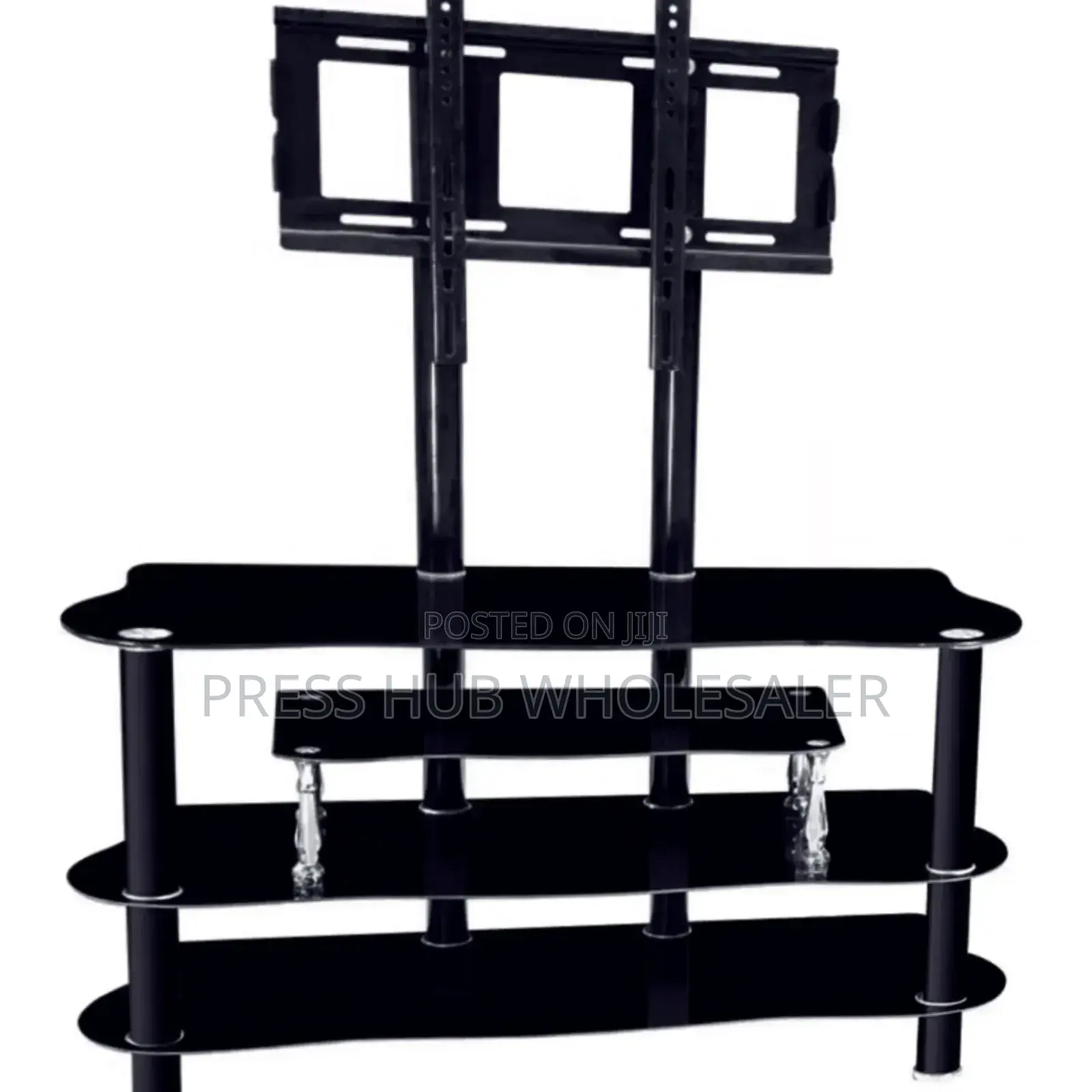 Black, Tempered Glass Tv Stand With a Built-in Mount.
