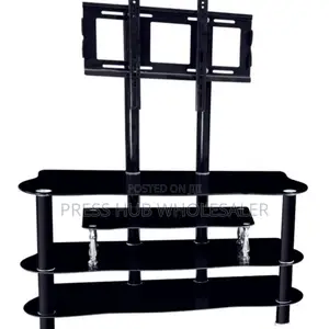 Black, Tempered Glass Tv Stand With a Built-in Mount.