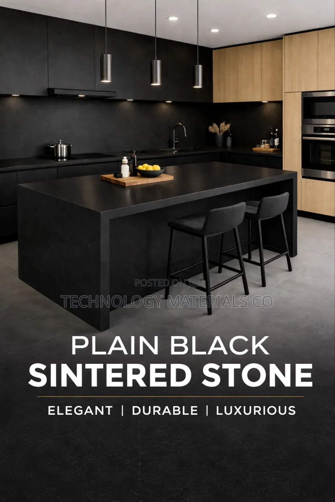 Plain Black Sintered Stone Kitchen Countertops–Modern Durable Finish