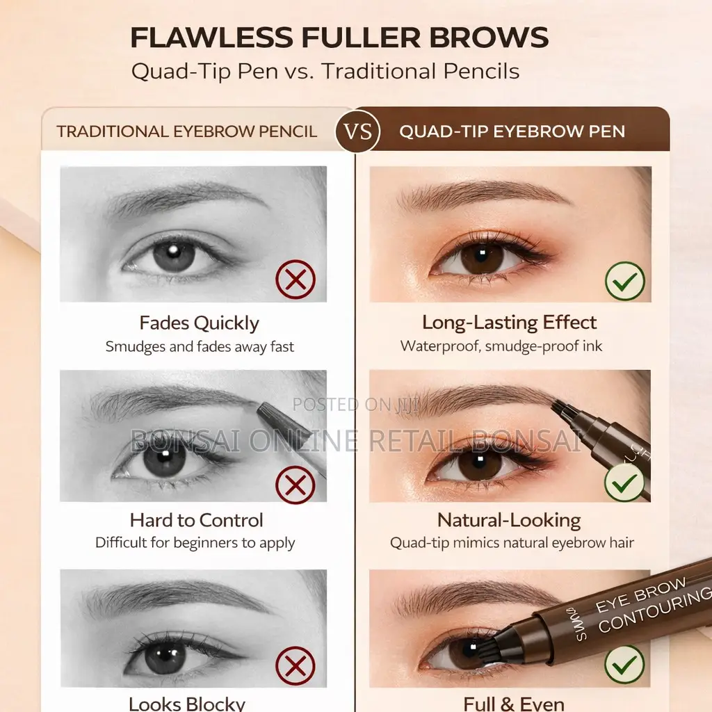 Quad-Tip Dark Brown Eyebrow Pen for Natural Hairlike Strokes Full Brow