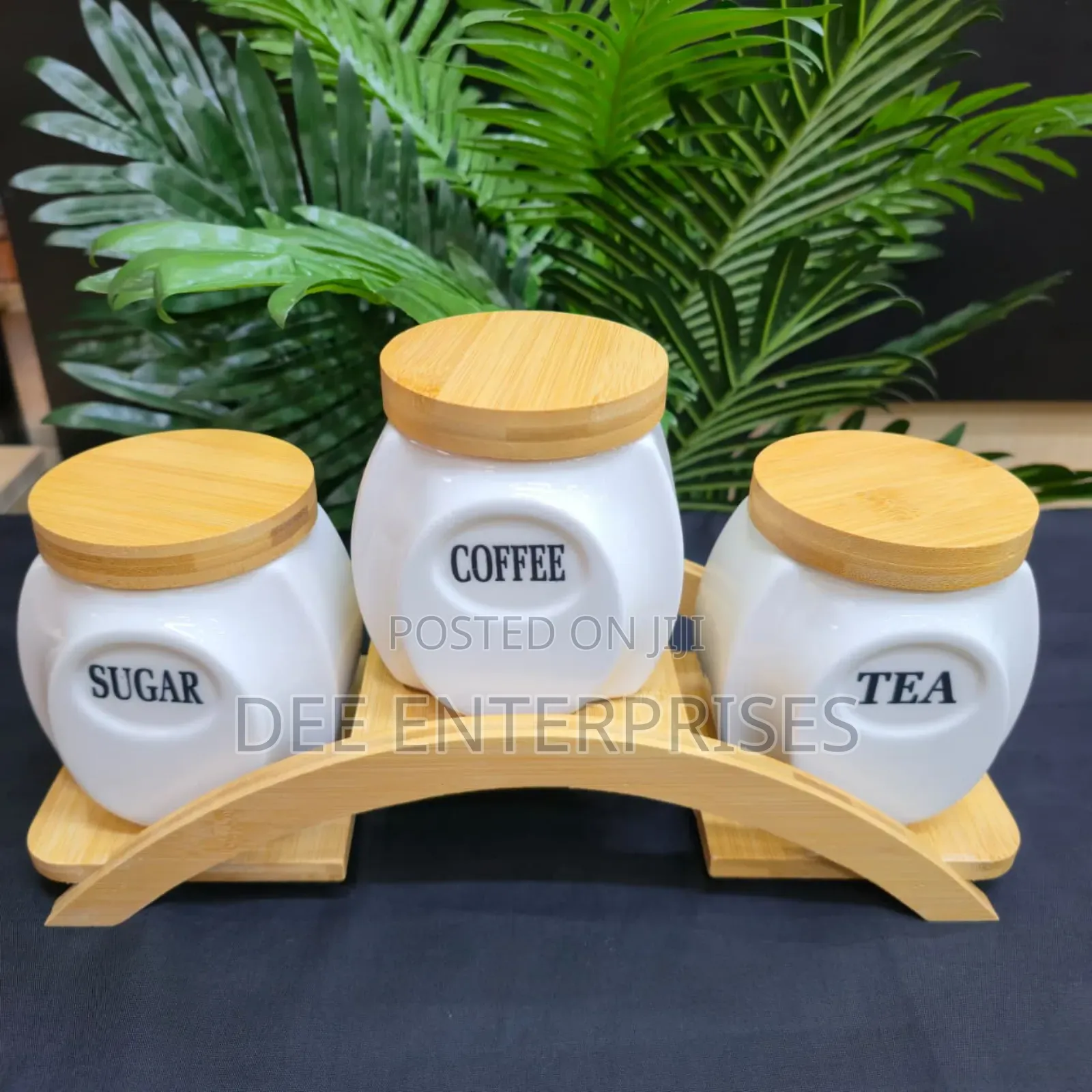 3pc Ceramic Canister Set With Curved Stand