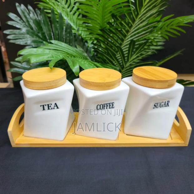 3pc Ceramic Canister Set With Bamboo Lids Tray –Rb