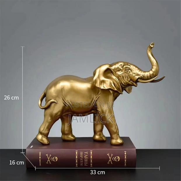 Golden Elephant Figurine With Raised Trunk – Home Décor –Gh