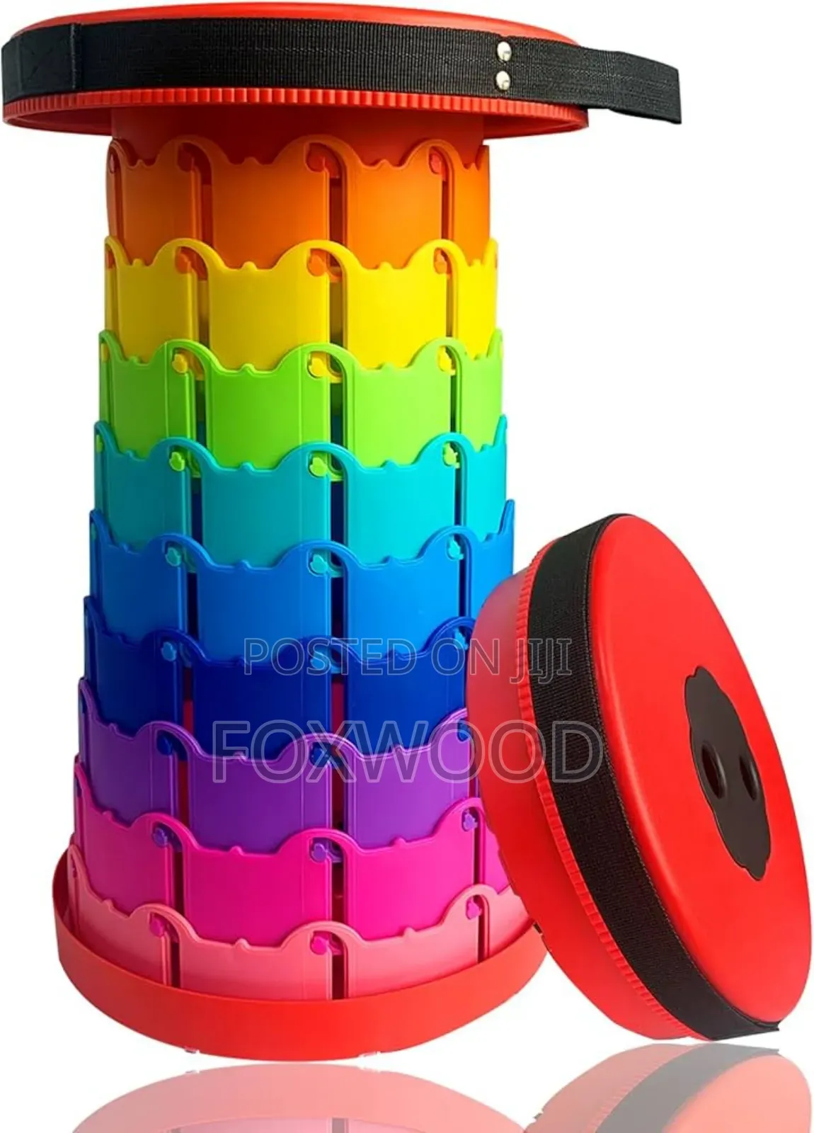 Portable Telescopic Folding Stool With a Rainbow Design.
