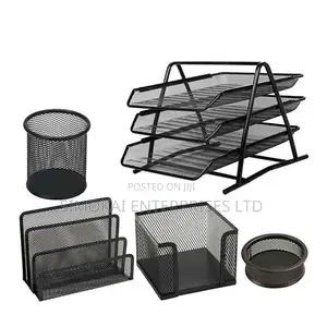 Mesh Stationery -5 Pc Set – 3 Tier Tray, Shelf, Memo Holder, Clip Cup