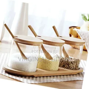 Good Quality 3in1 Glass Sugar Set With Bamboo Stand Lids and Spoons
