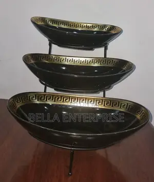 Set of 3 Ceramic Fruit Plates on Black Metal Rack