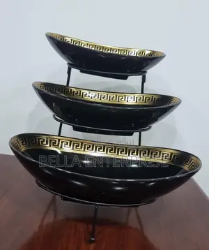 Set of 3 Ceramic Fruit Plates on Black Metal Rack