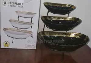 Set of 3 Ceramic Fruit Plates on Black Metal Rack