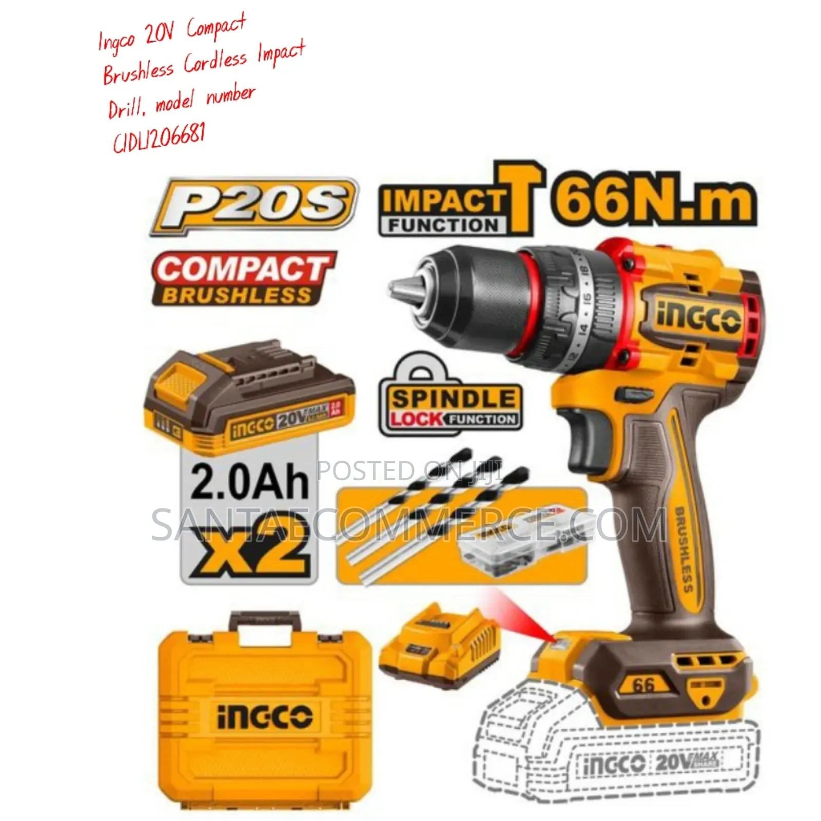 Ingco 20v Brushless Cordless Impact Drill, Model Number Cidli206681