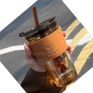 Restocked- Glass Cups With Cover+Straw+Leather Sleeveand