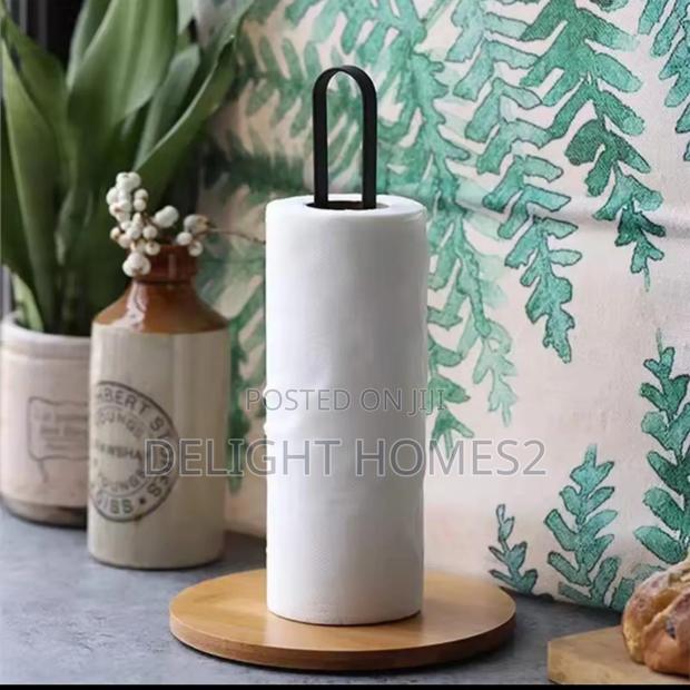 High Quality Metallic Paper Towel Holder With Bamboo Base_nje - thumbnail 2