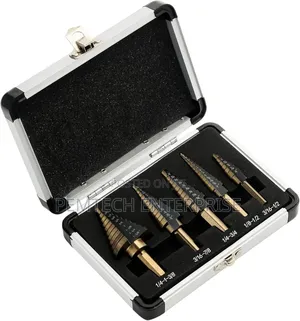 5 HSS Titanium-Coated Step Drill Bits in an Aluminum Case.
