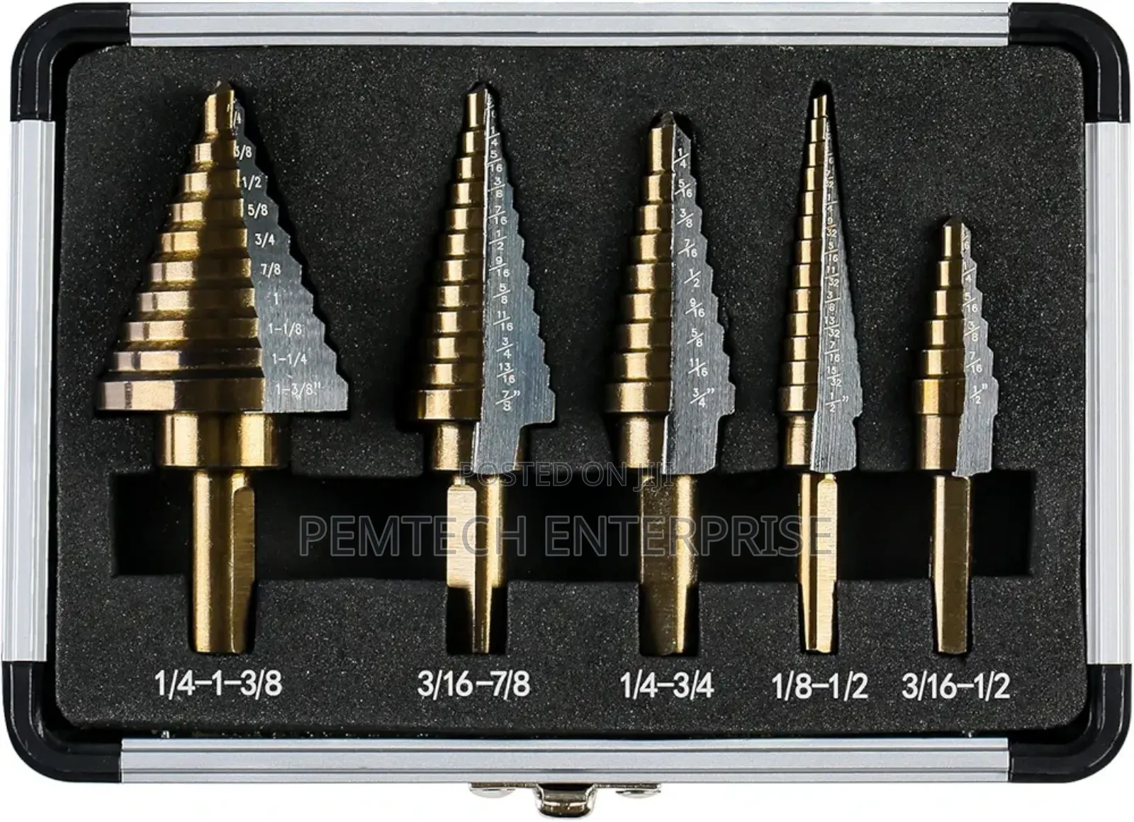 5 HSS Titanium-Coated Step Drill Bits in an Aluminum Case.