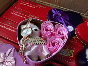 Valentine Gift-Set. Set of 3 Flowers, 1 Teddy, 1 Watch in Gift Box
