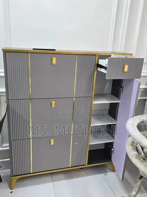 Modern Grey and Gold Tipping Shoe Cabinet With Three Flip Drawers