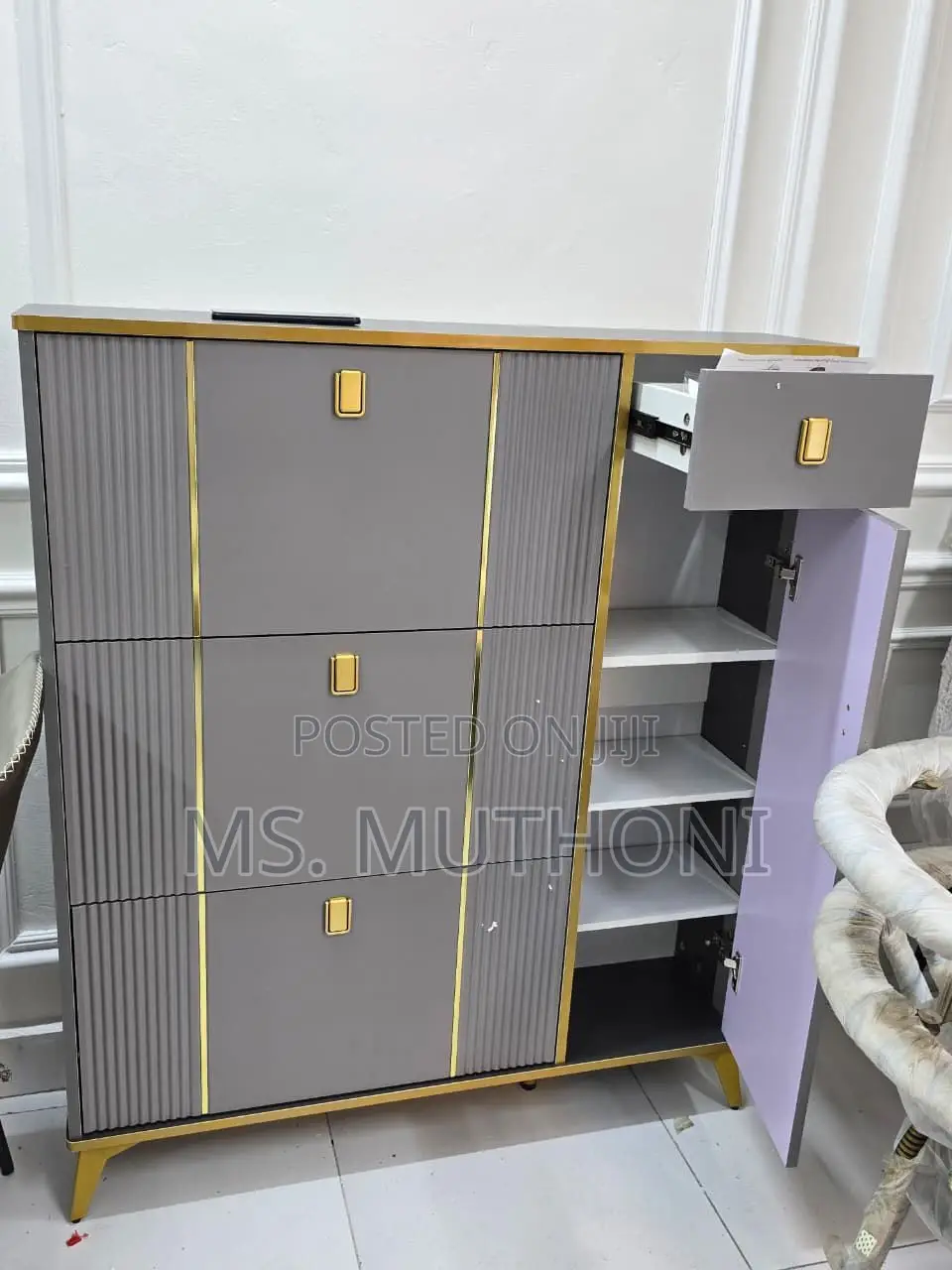 Modern Grey and Gold Tipping Shoe Cabinet With Three Flip Drawers