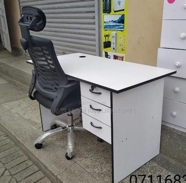 Ergonomic Office Desk With Three-Drawer Pedestal High-Back Chair