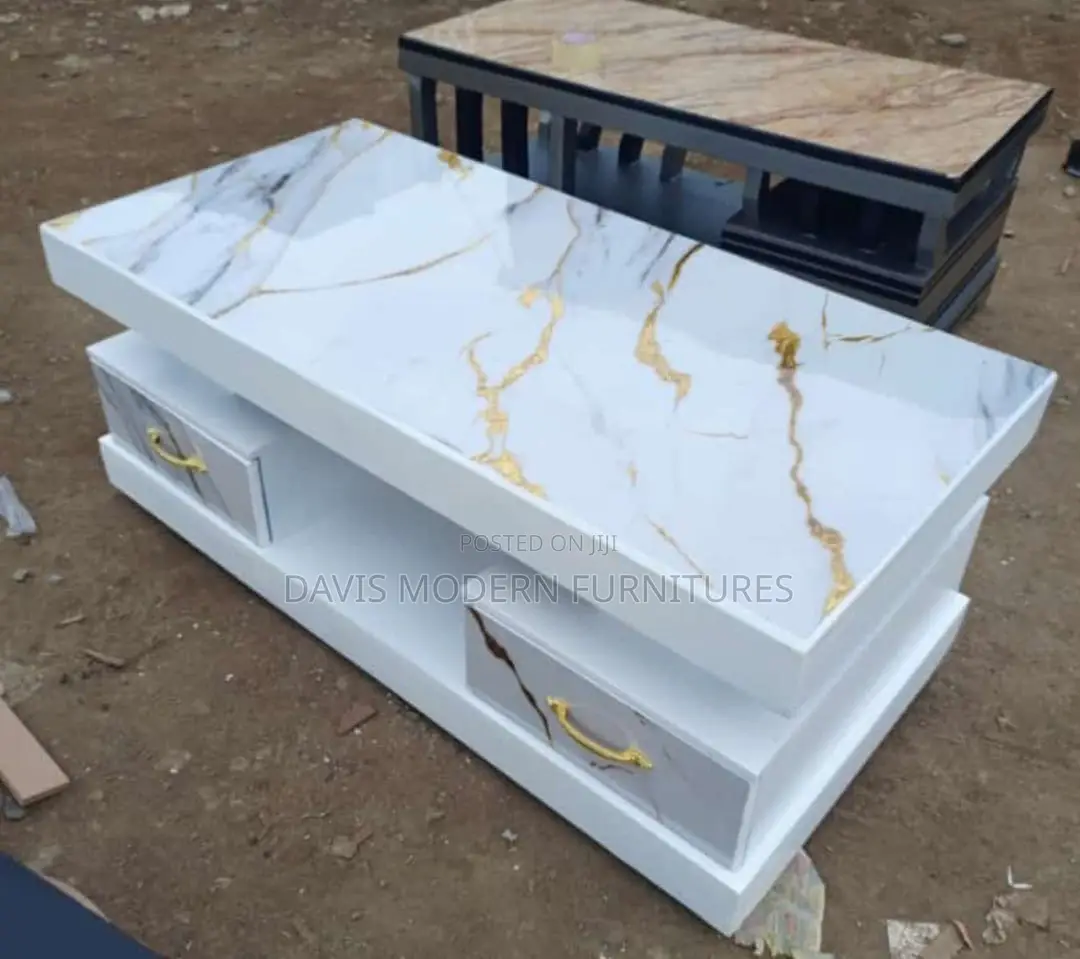 White Living Room Table With Faux Marble- 2 Drawers Glass/Gold Accent