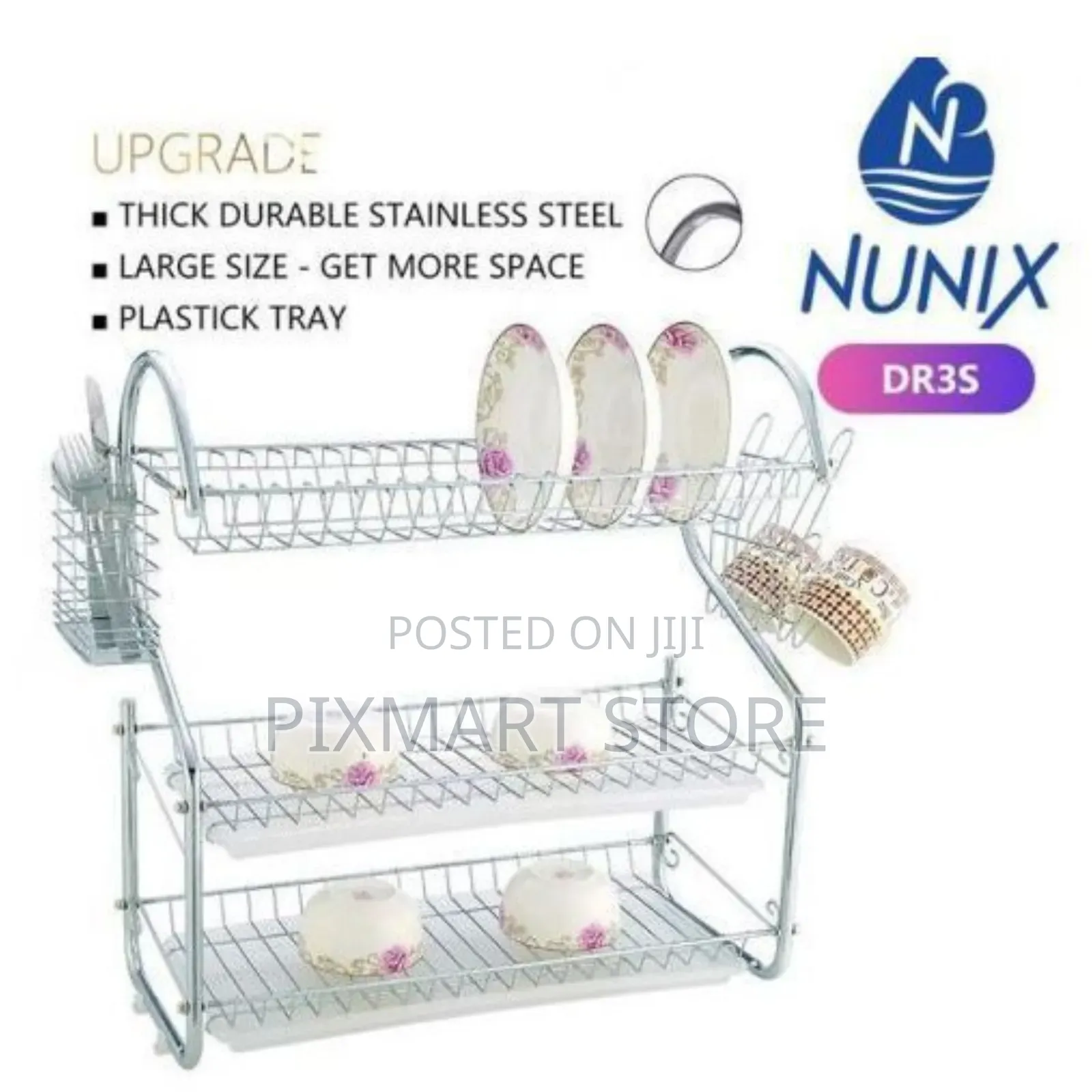 Nunix 3‐Tier Dish Rack With Drain Board – Stainless Kitchen Organizer