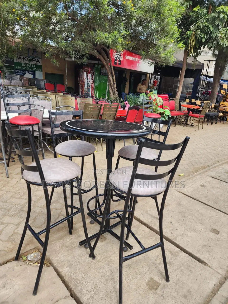 Black Metal Bar Table With Cushioned Stools – Outdoor Bistro Set