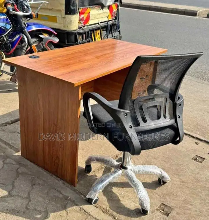Wooden Office Desk With Mesh Chair – Spacious Workstation Set