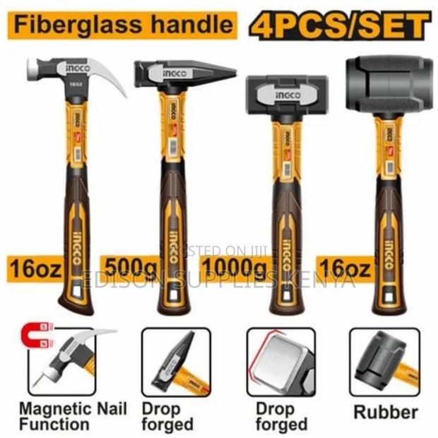 Ingco 4pcs Hammer Set, Claw Hammer, Rubber Hummer, Stoning Hammers - thumbnail 4