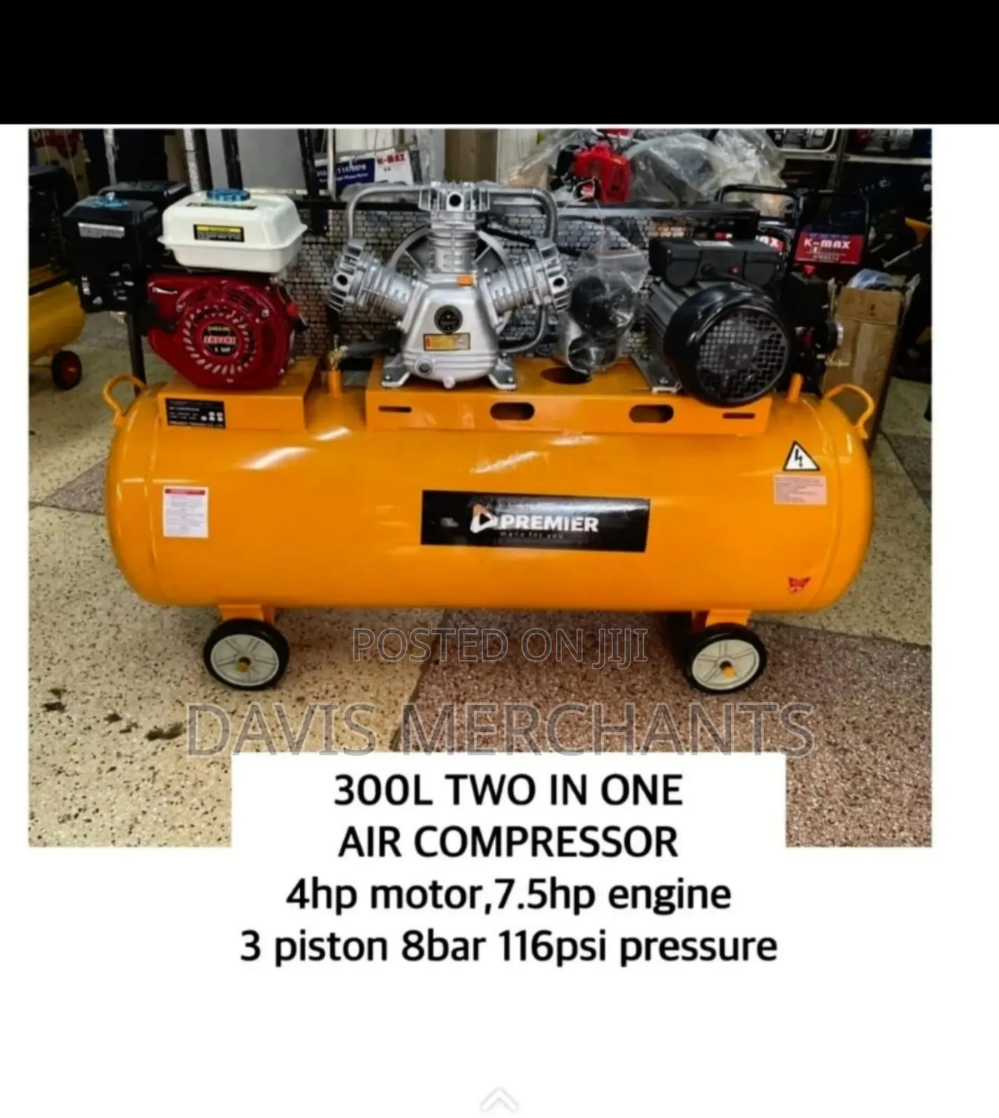 300l Two in One Air Compressor 4hp Motor,7.5 Engine 3piston 8 Bar