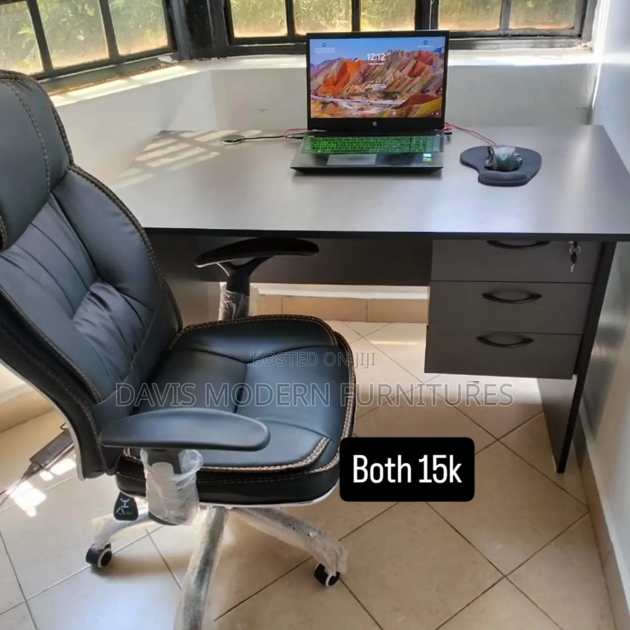 Premium Black Leather Executive Chair Matching Gray Office Desk Bundle