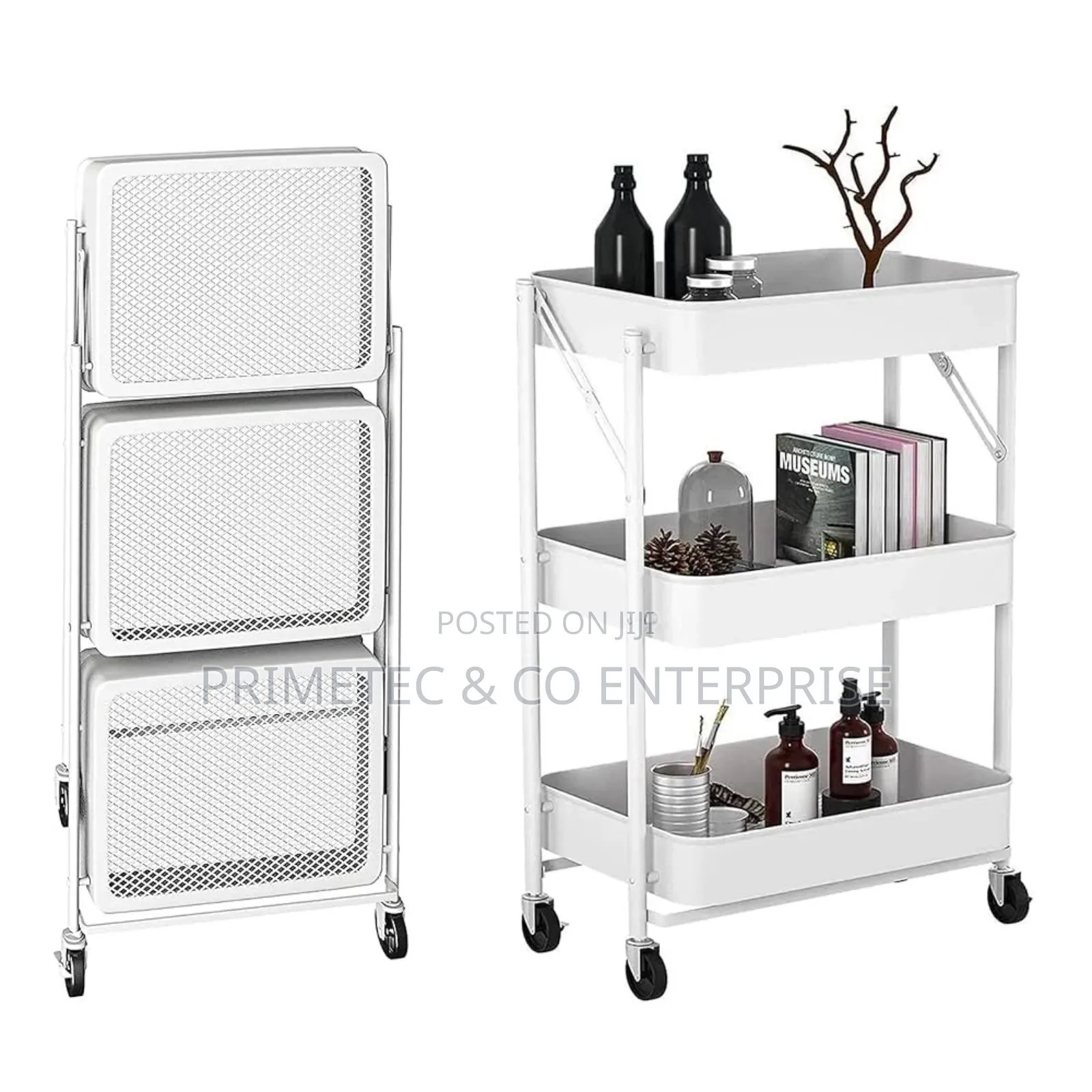Foldable 3 Layer Metallic Mesh Trays Trolley Rack