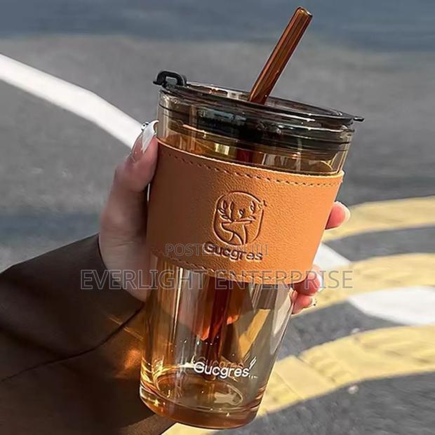 Glass Cups With Cover,Straw, Leather Sleeve