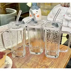 Transparent Borosilicate Drinking Glass Cup/Tumbler With Lid + Straw