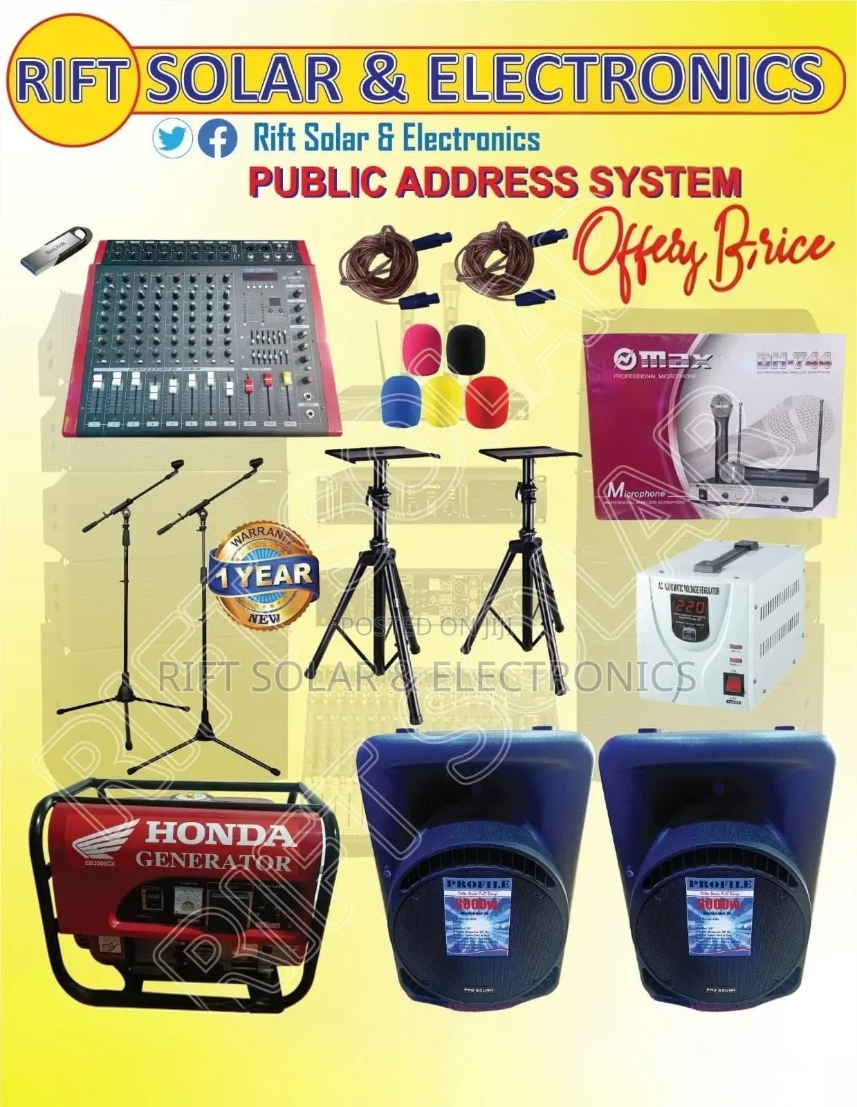 2.5kva Generator - 8ch Powered Mixer - (2) Mid Speakers - Wireless Sys