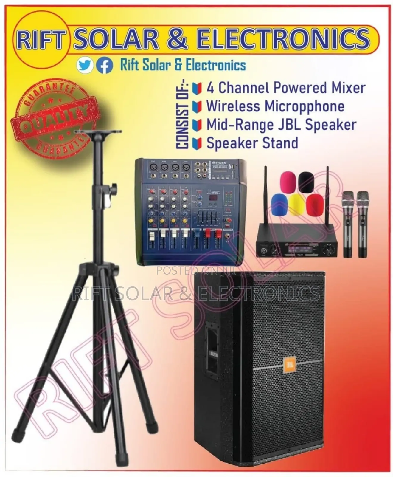 New 4 Channels Mixer - 15" JBL Mid Speaker - Wireless Microphone Kit