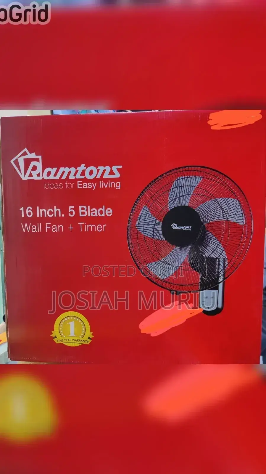 Ramtons 16-Inch Wall Fan With a Timer and Five Blades.