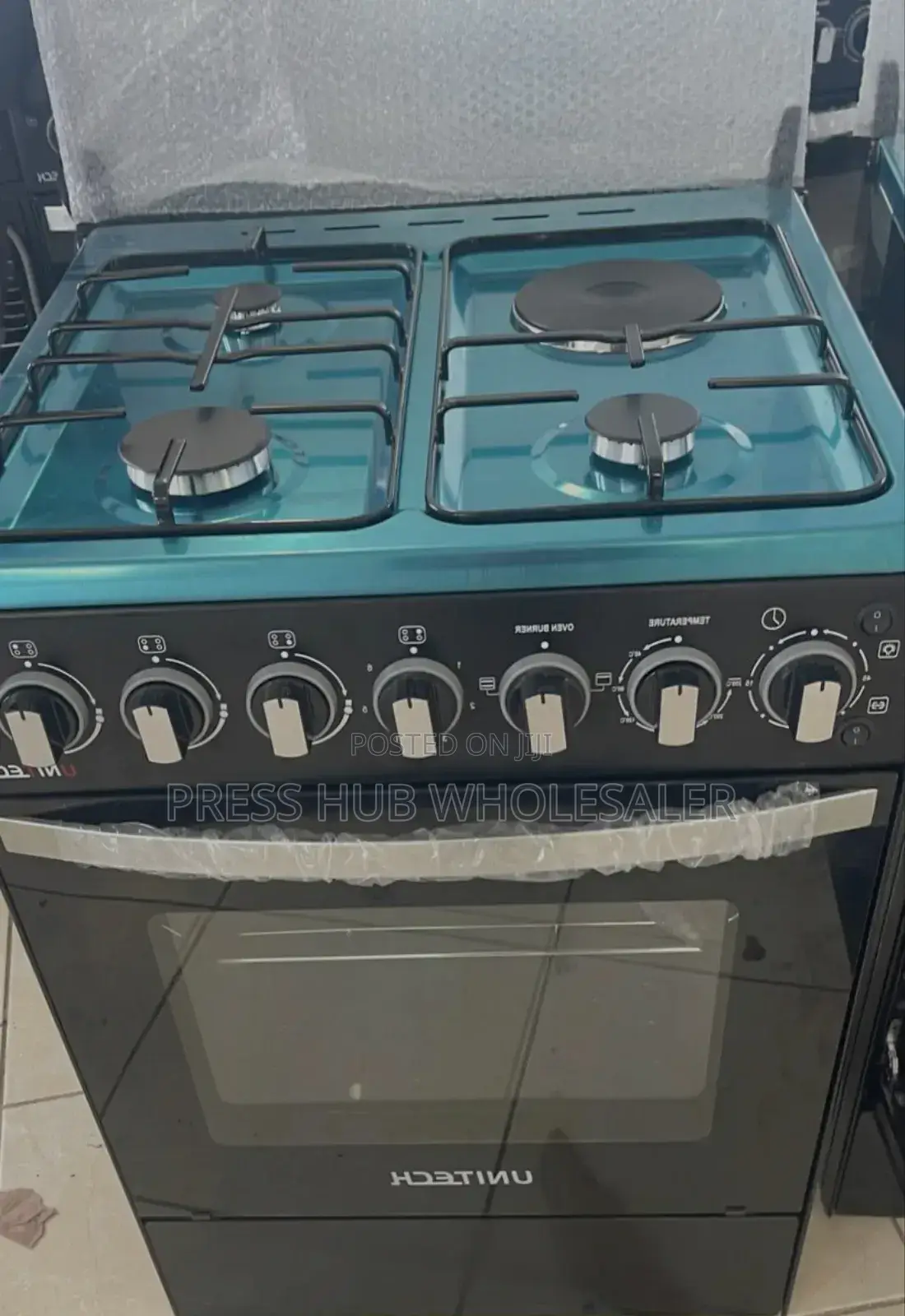 Unitech 60x60 Cooker – 3 Gas + 1 Electric, Oven Rotisserie