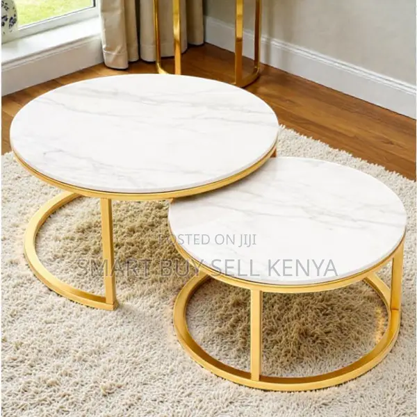 Luxury White Marble Nesting Coffee Table Set With Gold Metal Frame