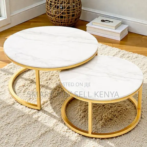 Contemporary White Marble Nesting Coffee Tables With Gold Legs